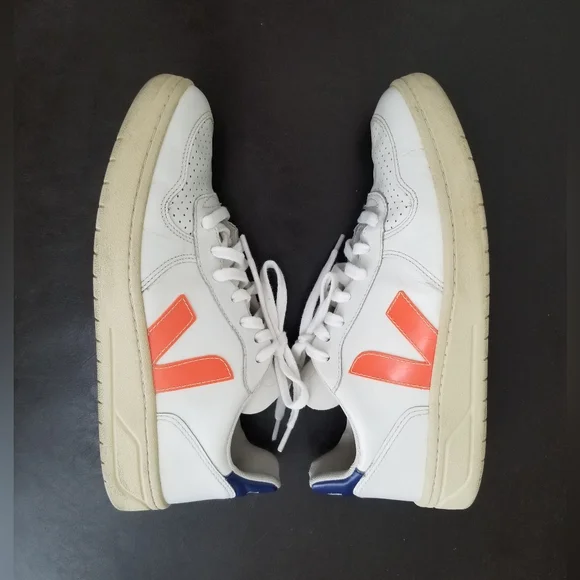 Veja Leather V-10 Sneakers Woman White N Orange Logo Sz 8 - Picture 5 of 14
